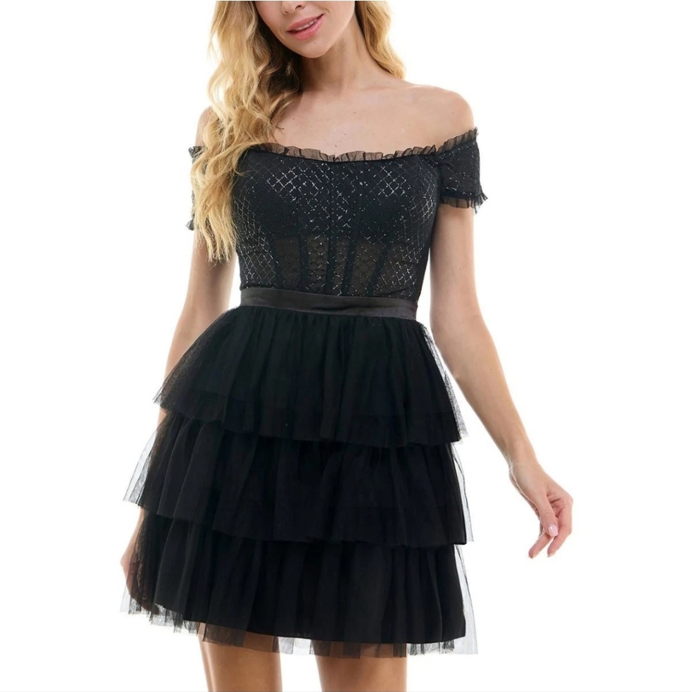 City Studio Womens Black Glitter Fit & Flare Dress Size 11/12